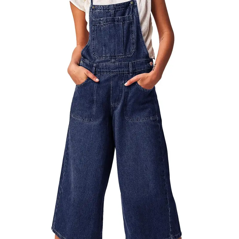 Ebossy Women's Classic Cotton Denim Overalls - Adjustable Spaghetti Straps, Retro 90s Vintage Look, Loose Wide Leg, Baggy Crop Jean Bib Jumpsuit, 6-Pocket Carry, 6Pocket Carry