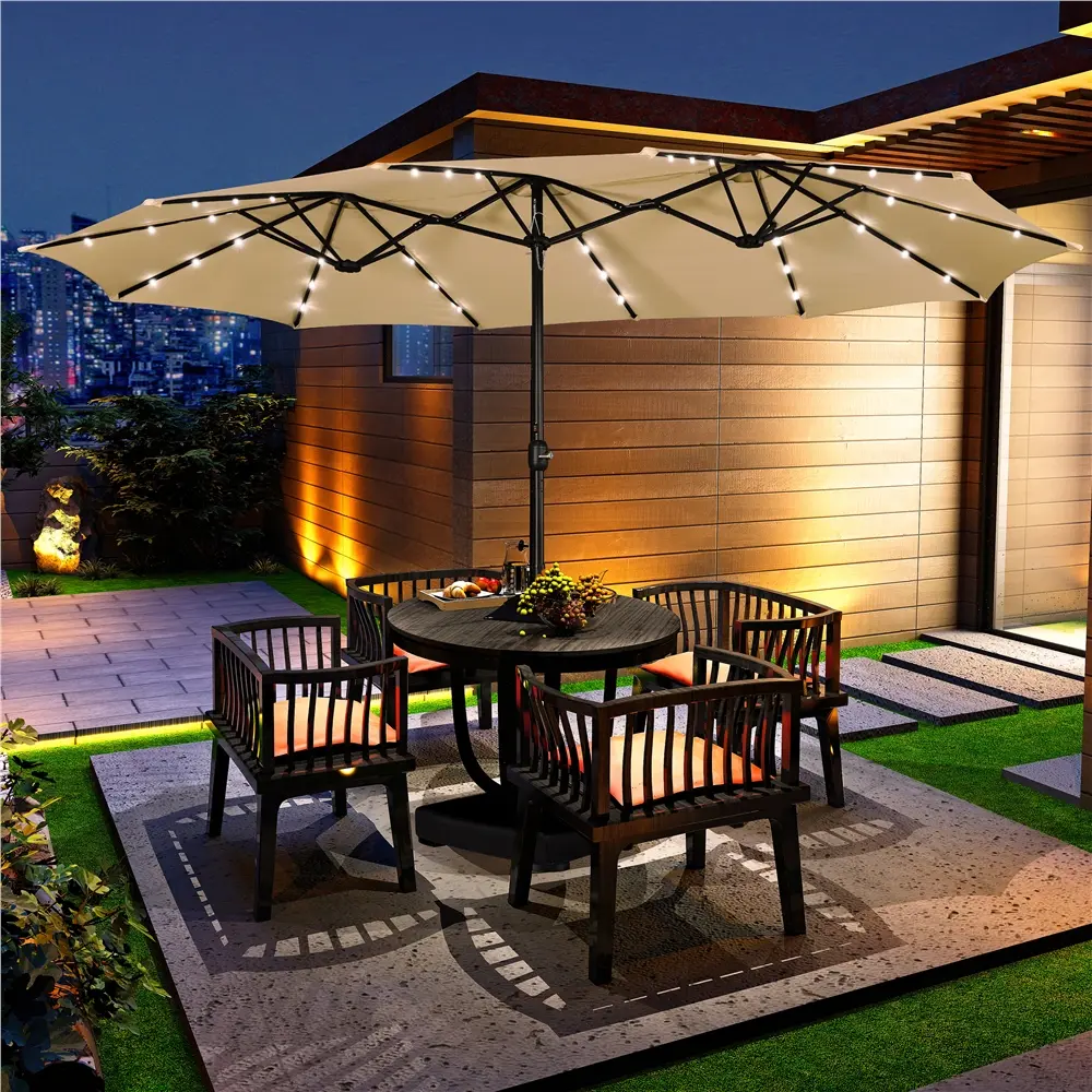 15/13FT Solar LightsCostoffs Large Patio Umbrella with 36 Solar LED  Lights&Base Umbrella, Hand Crank Opening, Heavy-Duty Iron Frame with Base &  Sandbags for Yard/Garden/Park - TikTok Shop