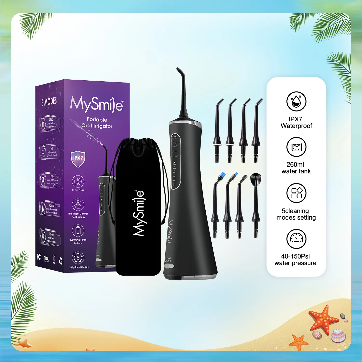 MySmile Cordless Rechargeable Water Dental Flosser (260ml) - 5 Modes, 8 Jet Tips Oral Irrigator - Water Dental Flossers for Braces, Travel Self Care Daily Cleaner That Removes Plaque