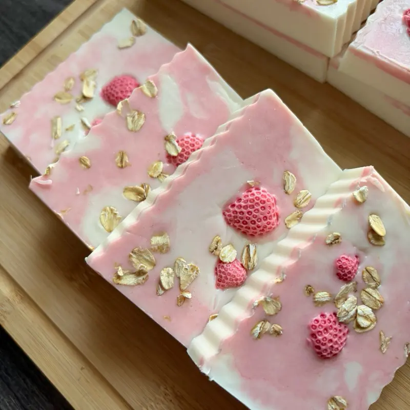 Oatmeal Strawberry Soap Bar with Fresh Oatmeal for exfoliation. Sweet strawberry aroma.