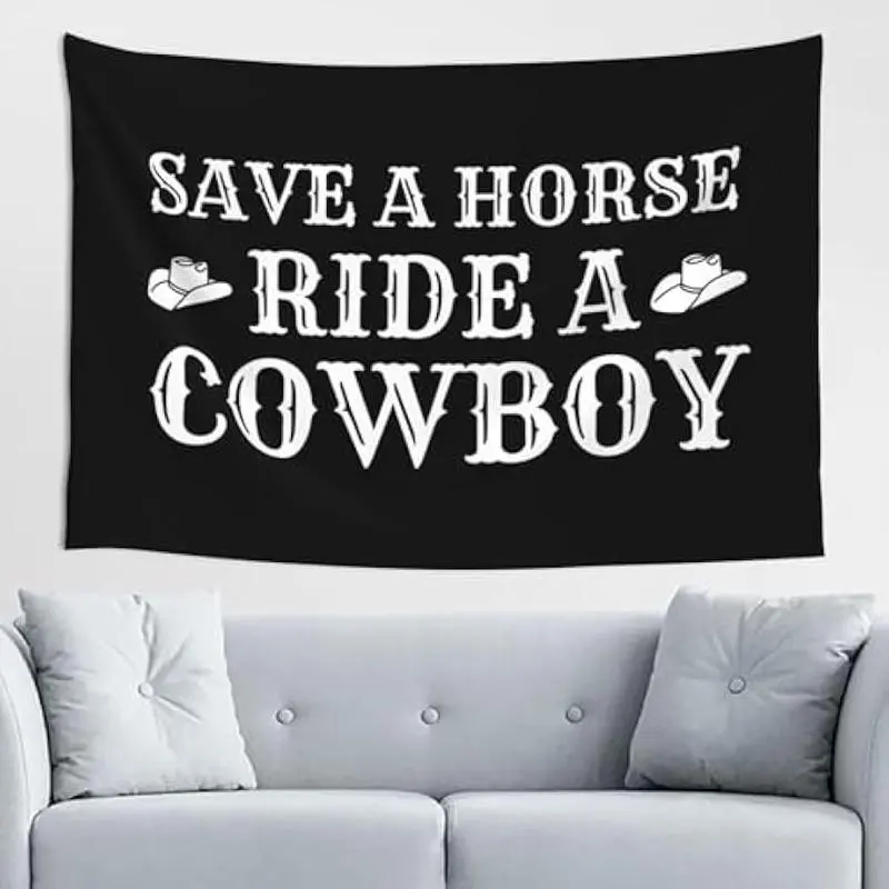 Western Horse Tapestry Save A Horse Ride A Cowboy Tapestry Black Flag 60x40 Wall Hanging Tapestry for Bedroom Living Room Dorm Banner Sign Cotton Decor