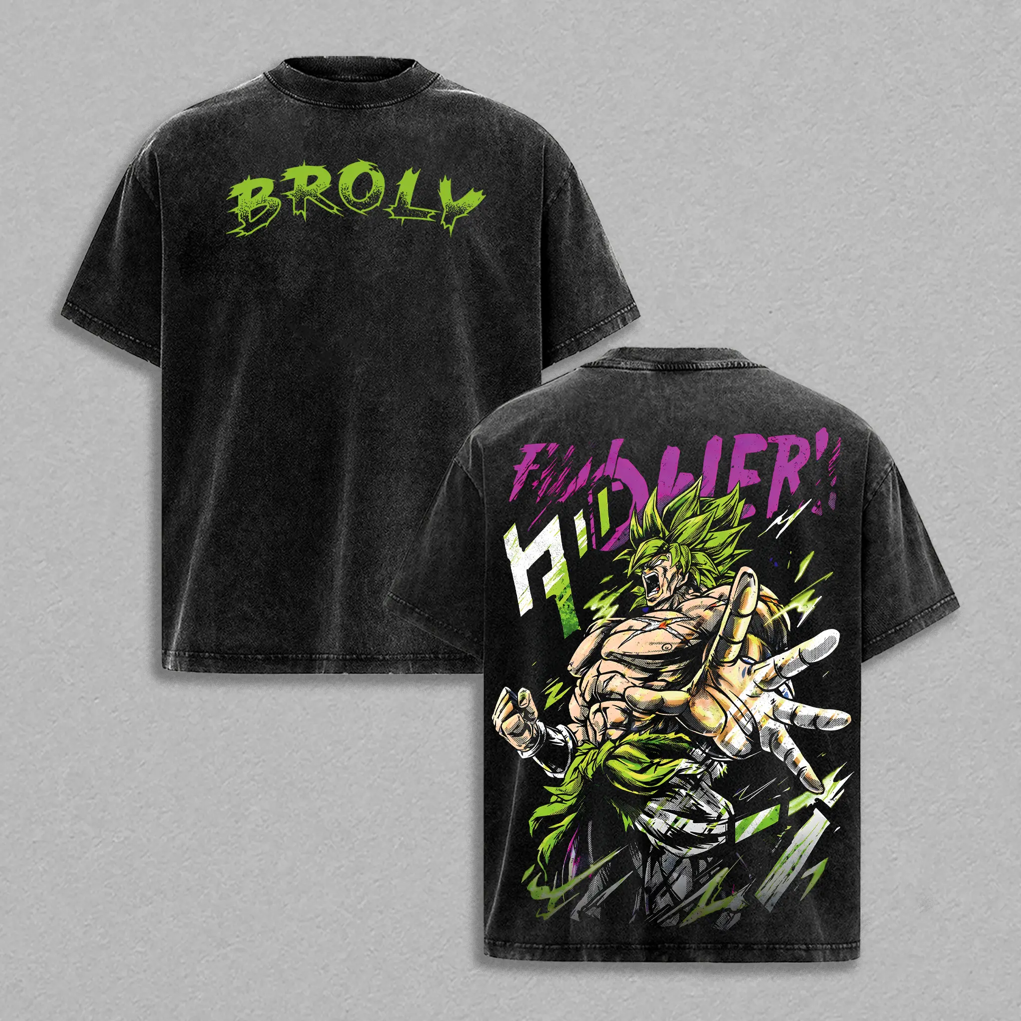 Broly -  DBZ Vintage Washed T-Shirt | Oversized Clothing Heavyweight Cotton Anime Streetwear Top | Bold ''Saiyan'' Power Graphic Print | Unisex Casual Street Outfit | Anime Broly Back Print Shirt | Gift for Anime Fans