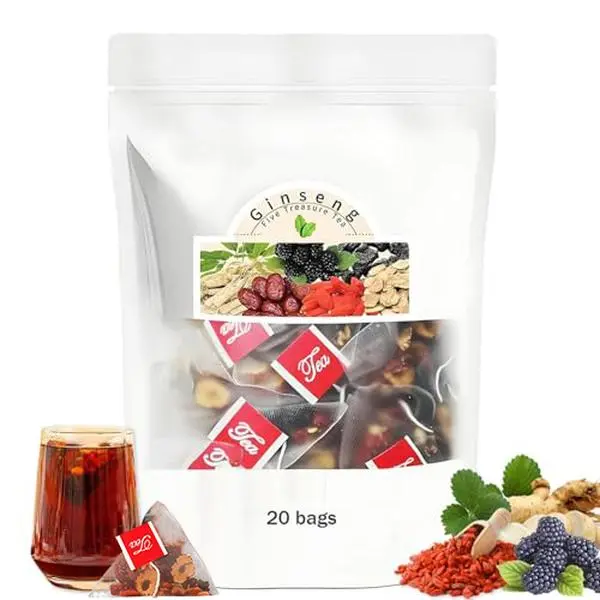 Ginseng Five Treasure Tea Formula - Organic Kidney Tea with Red Date Wolfberry Mulberry for Men & Women Health - 20 Bags of Natural Sweet Herbal Tea Bags