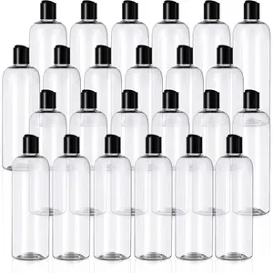 24 Pieces Plastic Empty Clear Squeeze Travel Containers with Black Disc Cap Refillable Bottles for Toiletries, Lotion, Body Soap, Cream(16 oz)