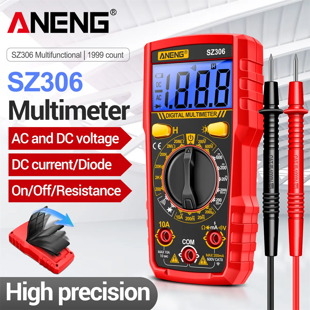 ANENG Digital Multimeter Tester with ABS Plastic Case, 600V Max Rating, 250mA Fuse Guard, Non-Contact Voltage Tester & Flashlight for Circuit Testing, Measures DC/AC Voltage, Current, Resistance, Capacitance, Diodes (Automotive Electric Tool)