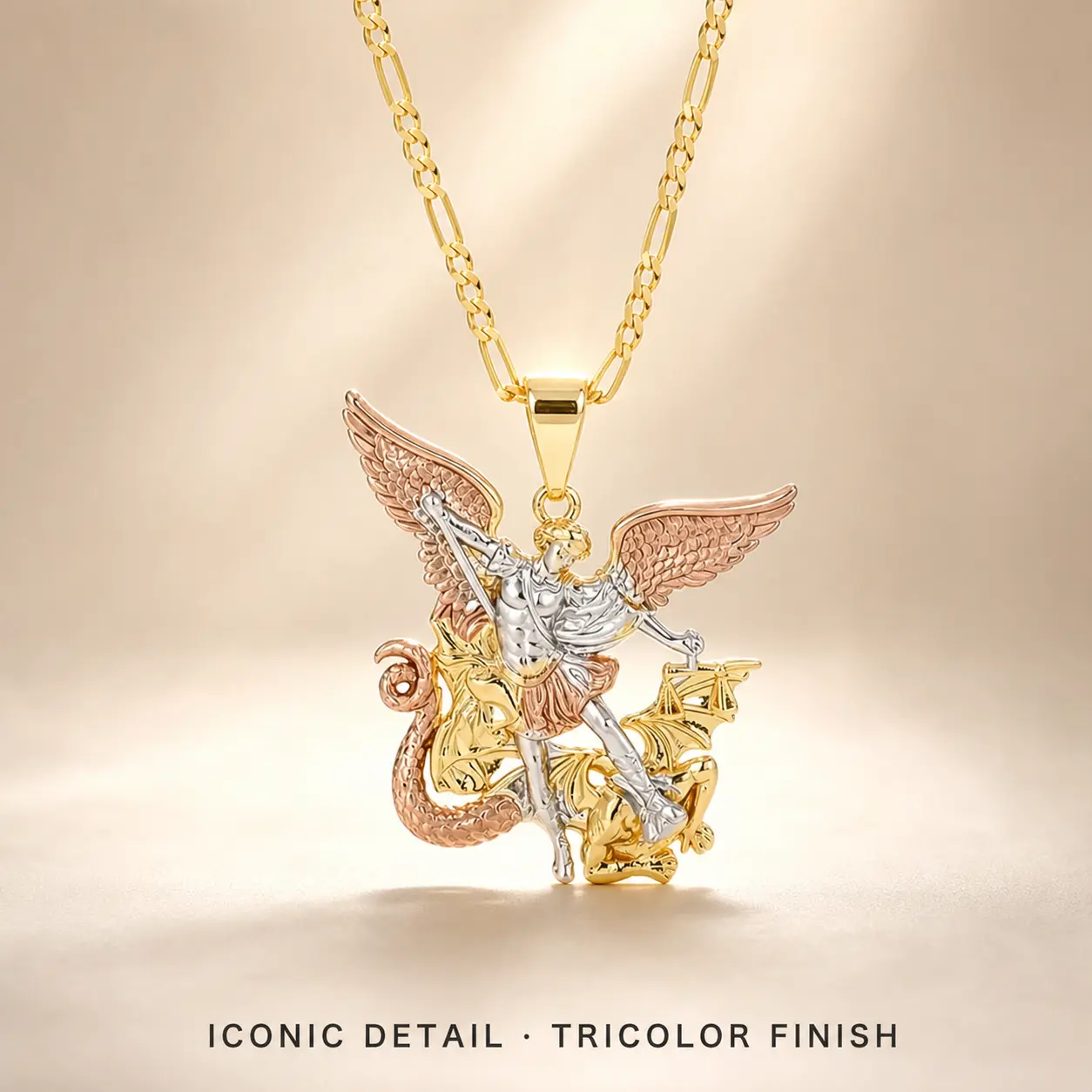 St Michael Archangel Figaro Chain Necklace - Vintage Protection Medal Pendant, Gold-Silver-Rose Gold Tone, Unisex Christian Catholic Statement Jewelry, Daily Wear Faith Gift, Statement Necklace