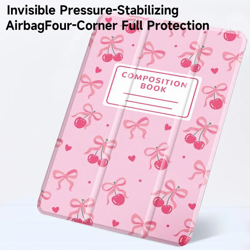 Cute Cherry Pattern Tablet Case with Pen Slot, Foldable Tablet Protective Cover, Tablet Accessories, Tablet Casing Compatible with iPad