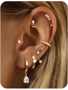 9 Pairs Small Stud Hoop Earrings for Women, Fashion Earrings, High Quality Earrings, Hypoallergenic 14k Gold Plated Flat Back Earrings, Surgical Steel Cartilage Earring Stack Set, Trendy Silver Color Tragus Helix Piercing Jewelry