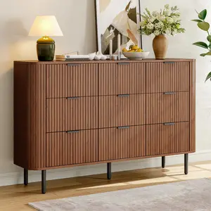 【CategorySelect】ONBRILL 53-Inch Mid-Century Modern Fluted Storage Cabinet - Walnut Wooden Drawer Dresser with 9 Drawers, Curved Profile, Freestanding Unit for Bedroom Closet, Storage Organization Solution