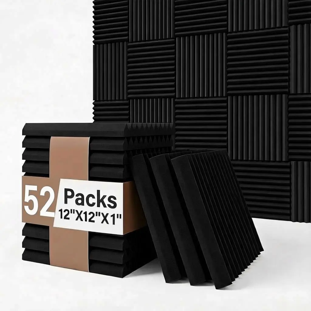 52 black sound insulation foam panels (with 270PCS double-sided adhesive tape) 1 "x 12" x 12 "sound insulation foam disc sound insulation noise reduction wedge plate, suitable for home office recording room