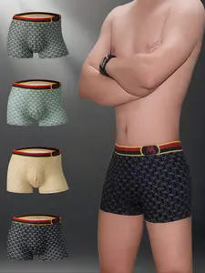 Men's Fashion Casual Style Underwear Brief Printed Underwear Set, Breathable Fabric Elastic Waistband, Stylish Letter Pattern, Comfortable and Trendy, 4 Pieces Pack
