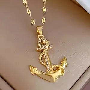 18K Golden Plated Copper Anchor Pendant Necklace with Synthetic Zirconia, Cute Nautical Style Jewelry, Non-Magnetic, for Women, Birthday Gift