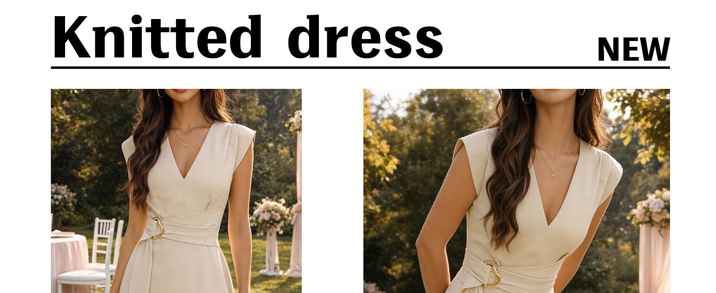 ETCYY Elegant V-Neck Belted Midi Dress – Slim Fit Business Casual Women’s Dress, Soft Rayon Blend A-Line Sundress, Graduation Dress, Wedding Guest Dress, Vacation Dress, Summer Womens Dresses for Work or Party