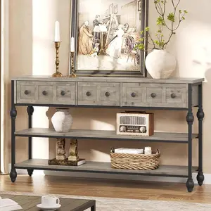 Gaomon 52" Modern Entryway Industrial Console Table - Metal-Built with 3 Drawers and Open Shelves, for Behind Couch, Living Room (Grey), Modern Entryway Table