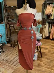 Women's Fashion Sexy Vacation Style Dress, Simple Solid Color Off-Shoulder Ruched High Split Dress, No Belt, Summer Casual Wear