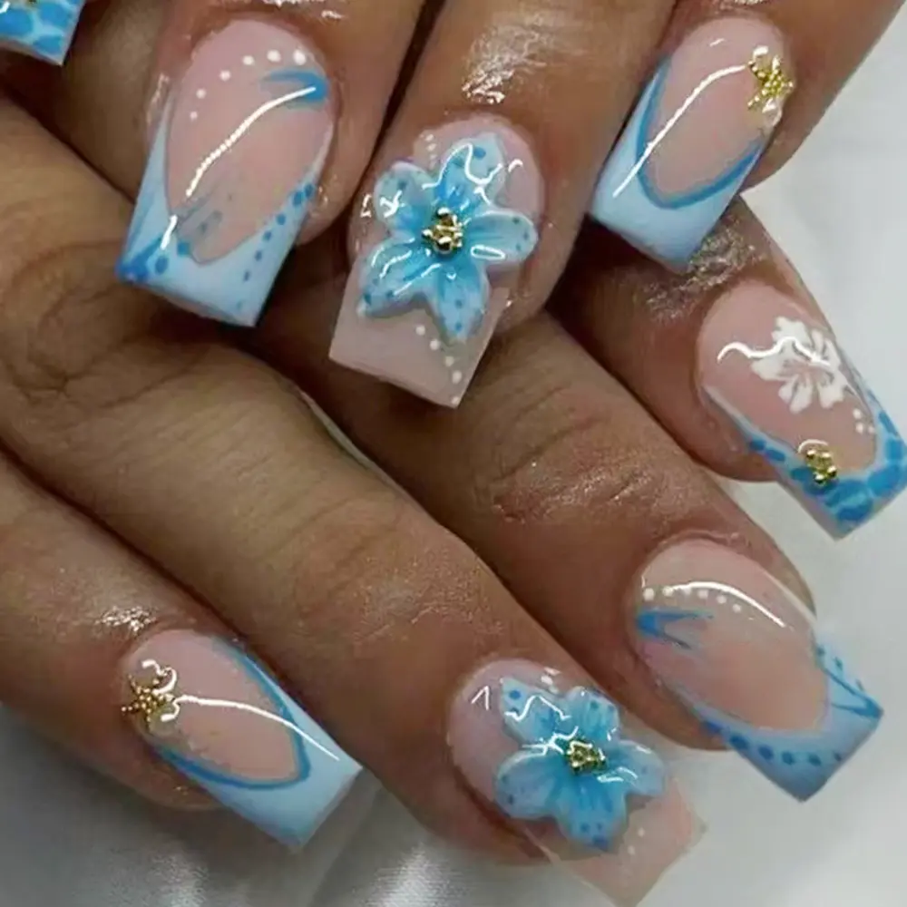 24pcs Long Square Blue French Polka Dot Flower Design Acrylic Press-On Decorative Nails Set, Includes Jelly Glue and Nail File, Easy Wear