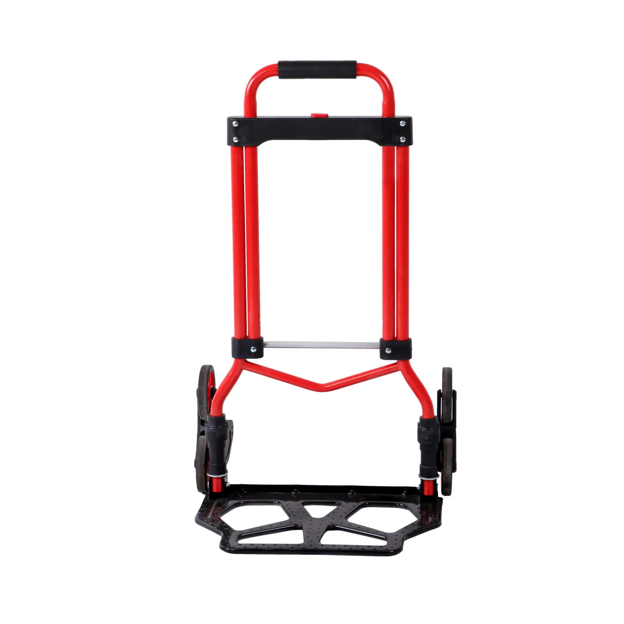 Heavy-Duty Stair Climbing Hand Truck Dolly Cart Carrier, 330lb/440lb Capacity, Thick Upgraded Steel Frame, Button-Operated Adjustable Length Lock, 6 Wheels, Telescopic EVA Grip Handle, Folding Design, Included Bungee Cords, Red Travel Tool Accessory, Dura