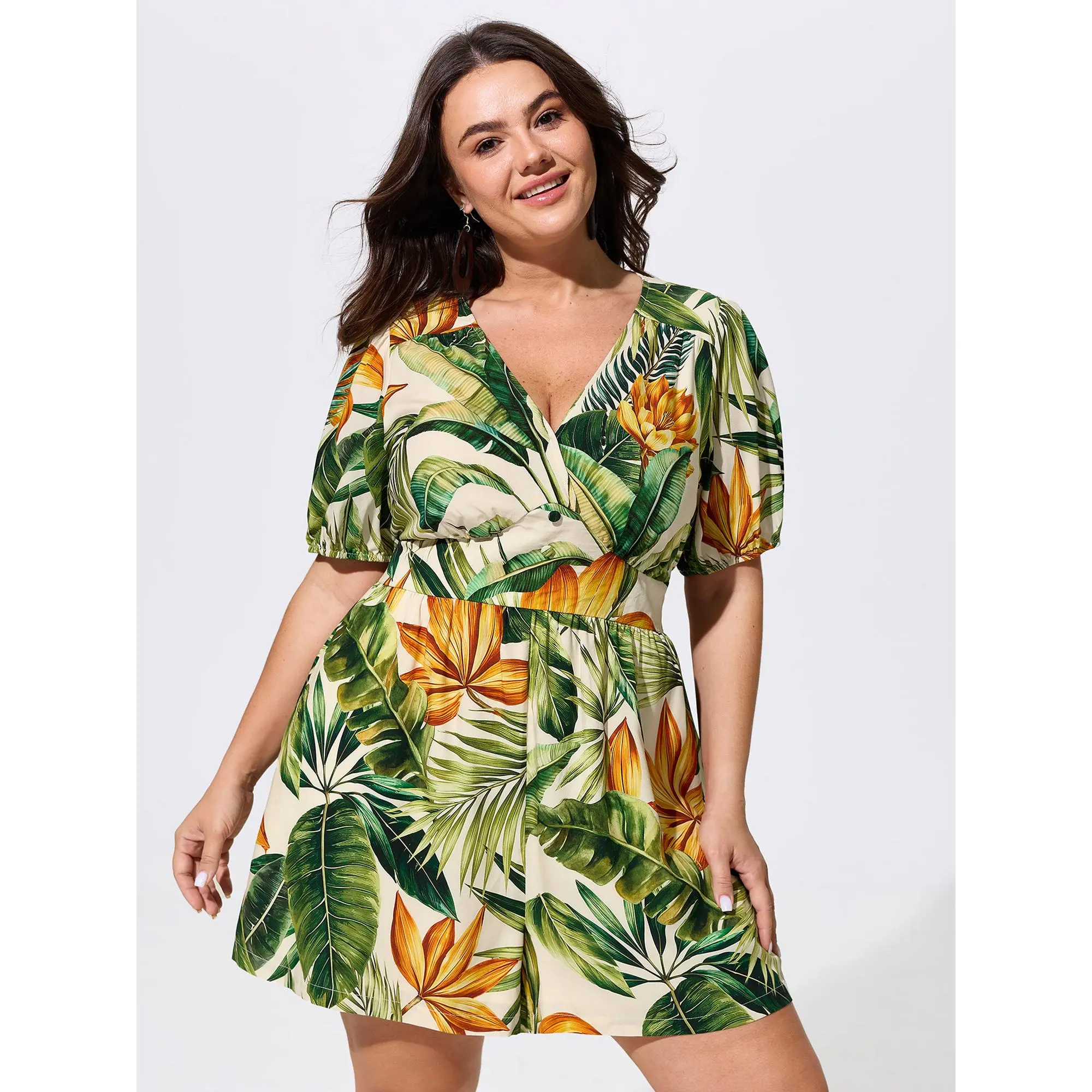 BLOOMCHIC Women's Plus Size Tropical Print Smooth Polyester-Rayon Pocket Romper - Shirred, Wide-Leg, Low Iron, Casual, Cold Wash Fabric, [M-6X] Summer Win, Daily Deal, Do Not Tumble Dry, Shortsleeve, Overalls, Fit, Smooth Fabric, Shirred Waist, Rompers Fo