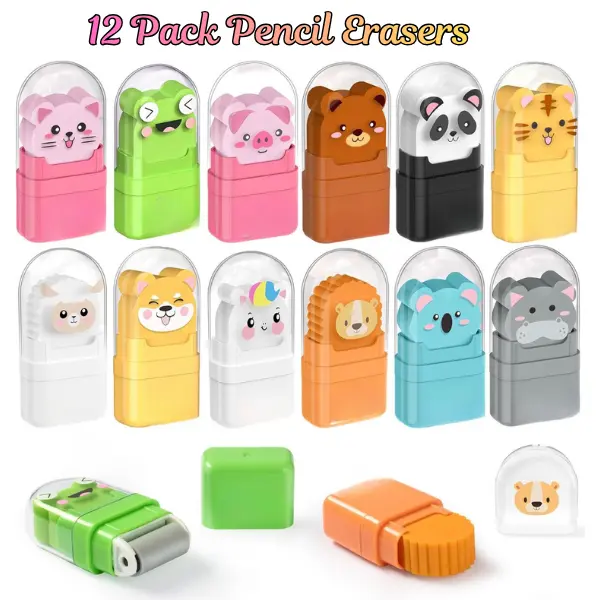 12-Pack Safety Animal Shape Pencil Erasers with Roller, Latex-Free Office Stationery, Writing & Correction Tools for Classroom Teachers