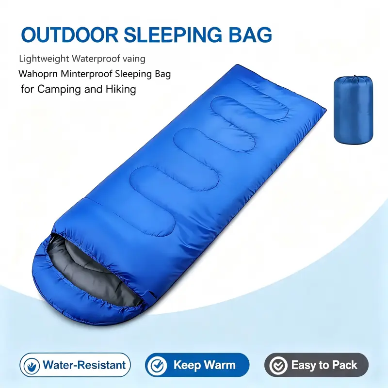 Adults Warm Sleeping Bag with Hood, Compact Roll-up Rectangular Design for 3-Season Camping & Hiking, Lightweight Polyester Camping Supplies, Envelope Shape, Outdoor Trips