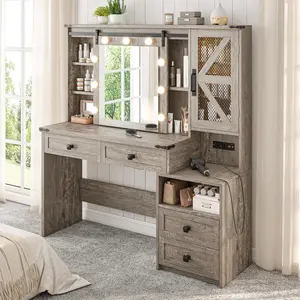 47.2" W Farmhouse Vanity Desk with Mirror and Lights, Makeup Vanity with Charging Station & 4 Drawers,Makeup Vanity Table for Bedroom,White,Stool not Included