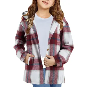 Girls Flannel Plaid Button Down Top with Pockets Long Sleeve Hooded Jackets Length Below Hip Circumference
