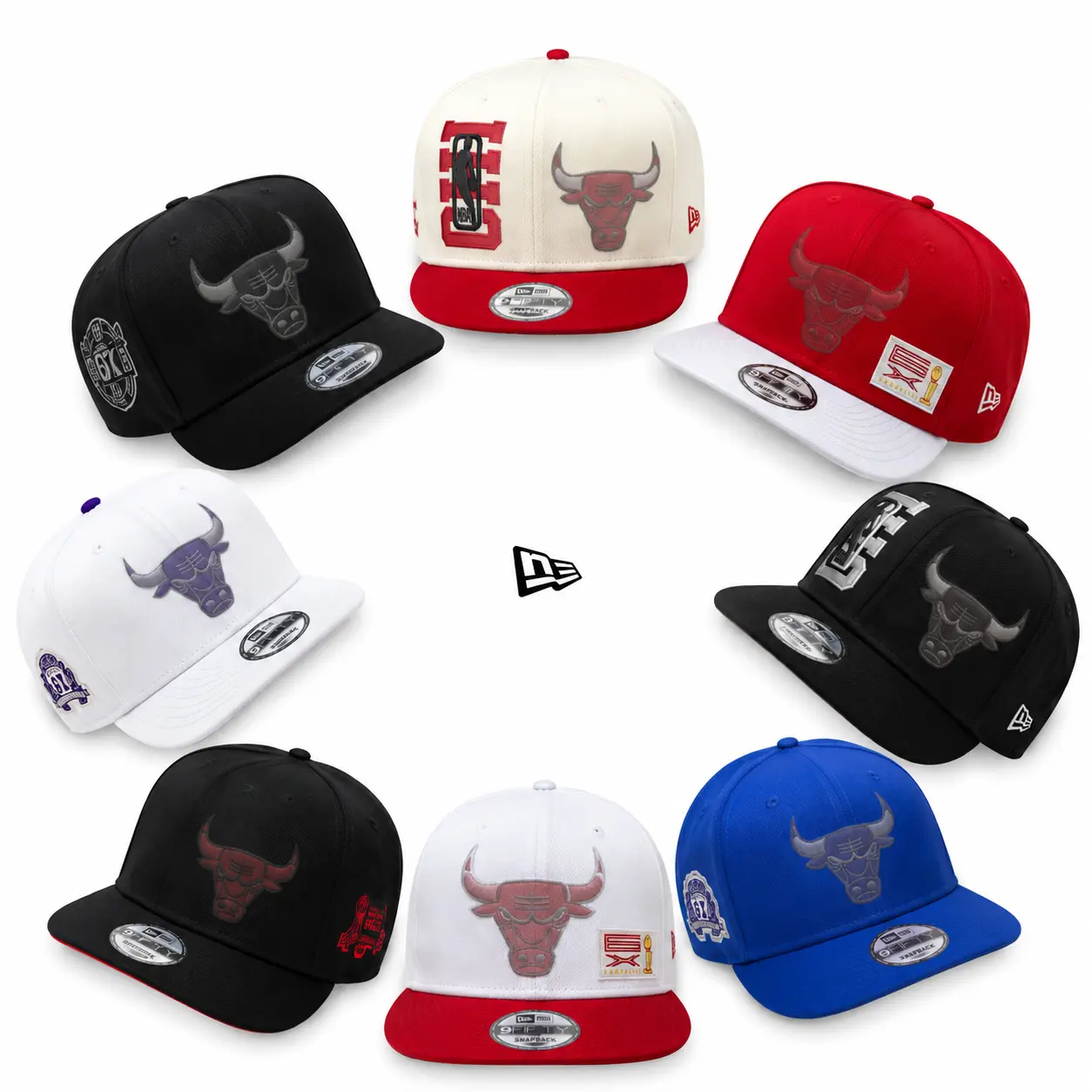 Chicago Hats Bulls New Era 9Fifty Stretch Snapback Hat – Curved Brim Adjustable NBA Cap – Black, White, Red, Purple, Blue & Cream Colors