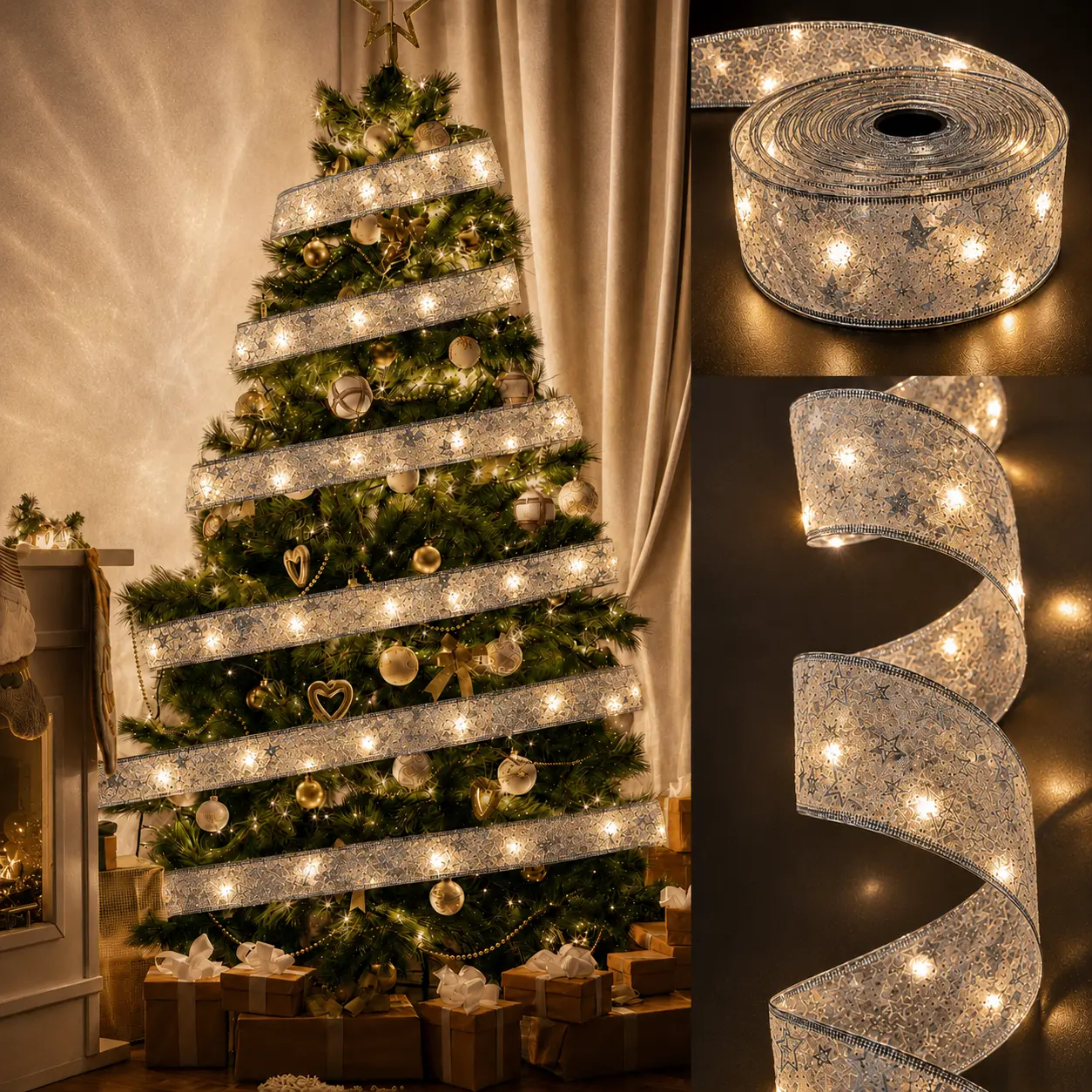 Christmas Ribbon Lights, 2 Inch x 33FT with 100 LEDs, Silver Edge Wired Fairy Ribbon for Xmas Tree, Wedding, Party & Holiday Decor
