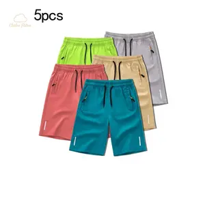 ASE-5pcs Boys' Summer Sports Shorts, Polyester 95%, Elastane 5%, Slight Stretch, Solid Color, Regular Fit, with Drawstring and Zip Pockets, Ages 12 and Under, Outdoor