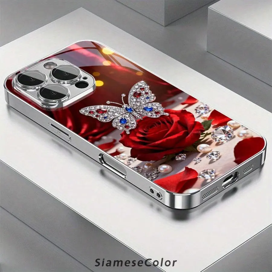 Butterflies & Rose 2D Pattern Glass Phone Case for iPhone 11-16, 17 Air, Pro Max, PLUS & Samsung Galaxy S22-S25, Ultra, FE - Full Body Shockproof Protection, Furry Luxury Black 2025 Creative Unique Cover for Smartphones, Handheld Cellphone Devices