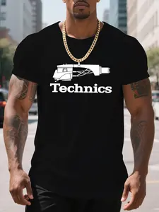 Men's Regular Fit Technics Letter Print Round Neck Tee, Casual Short Sleeve Crew Neck T-shirt for Daily Wear, Men's Top for All Seasons, Activewear T Shirt