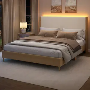 SIBEDS Queen Bed Frame with Smart RGB LED,Wood Grain Faux Leather Upholstered Platform Bed,Wingback Headboard & 1200lbs Heavy Duty Support,No Box Spring Needed,Brown