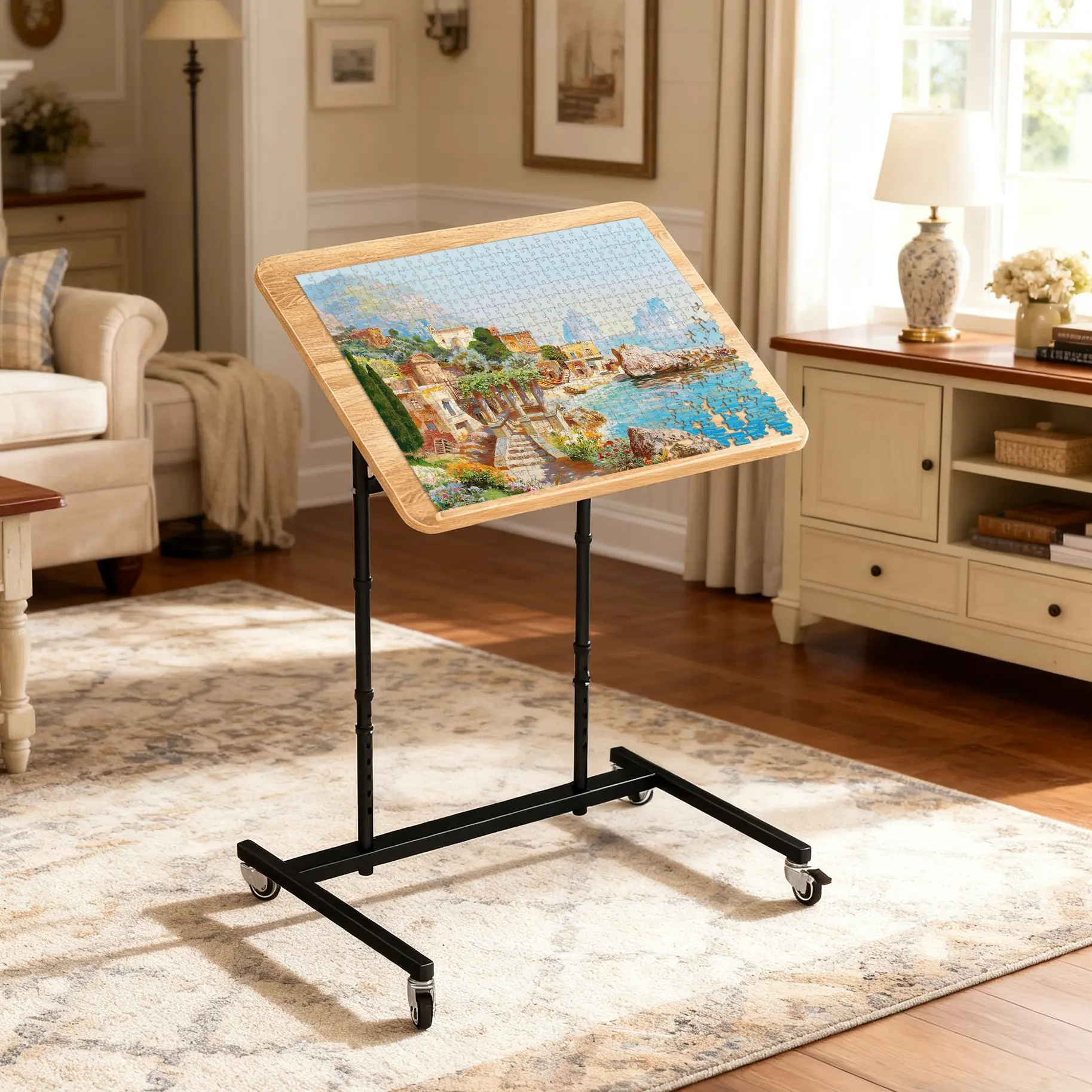 Extra-Large Portable Rolls Puzzle Cart - Metal Frame, Adjustable Height, Pneumatic Tilting Base, Fits 1500-Piece Puzzles, Convenience, Easy Movement, Comfortable Seating Compatible, Holiday Sale