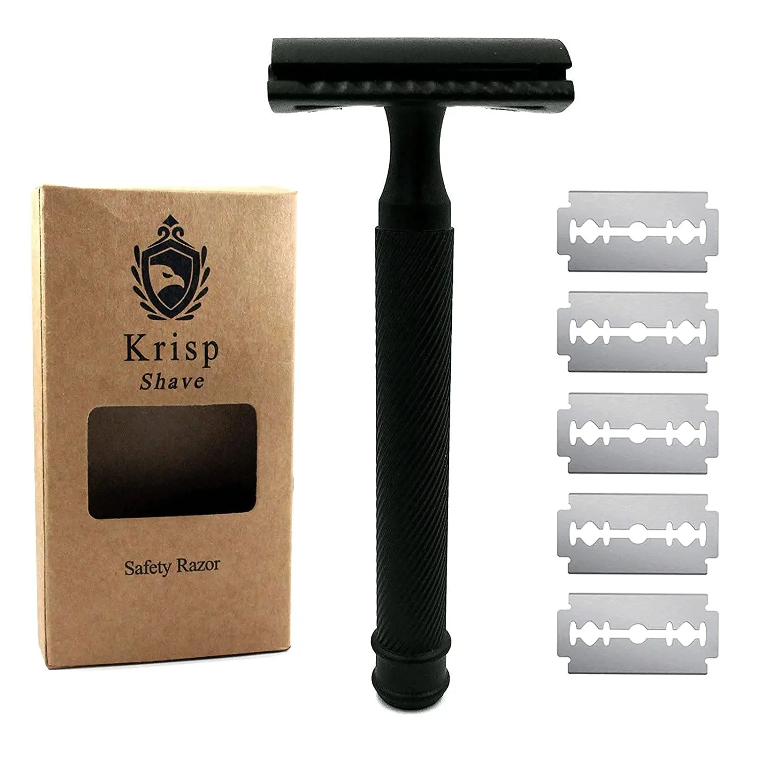 Krisp Beauty Stainless Steel Long Handle Black Safety Razor for Men Women - Double Edge Shaving Razor - Fits All Double Edge Razor Blades - Comes With 5 Shaving Blades Provides Bump Free Wet Shave Durable Shaver Comfort