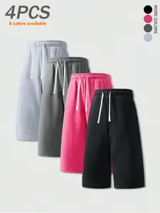 Pack of 4 summer men’s casual shorts: seven-eighths length, simple solid color, drawstring elastic waistband, versatile loose athletic fitness shorts for street and everyday wear.summervibes