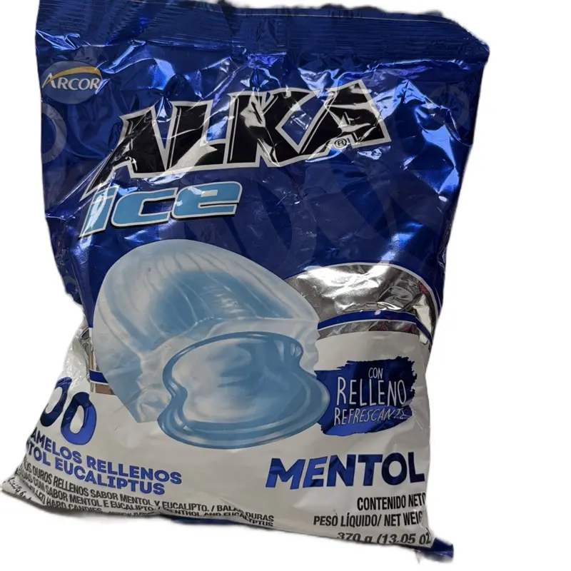 1 Bolsa De Alka Ice Caramelo Relleno  Refrescante Sabor mentol y eucalipto 100 und bolsa azul