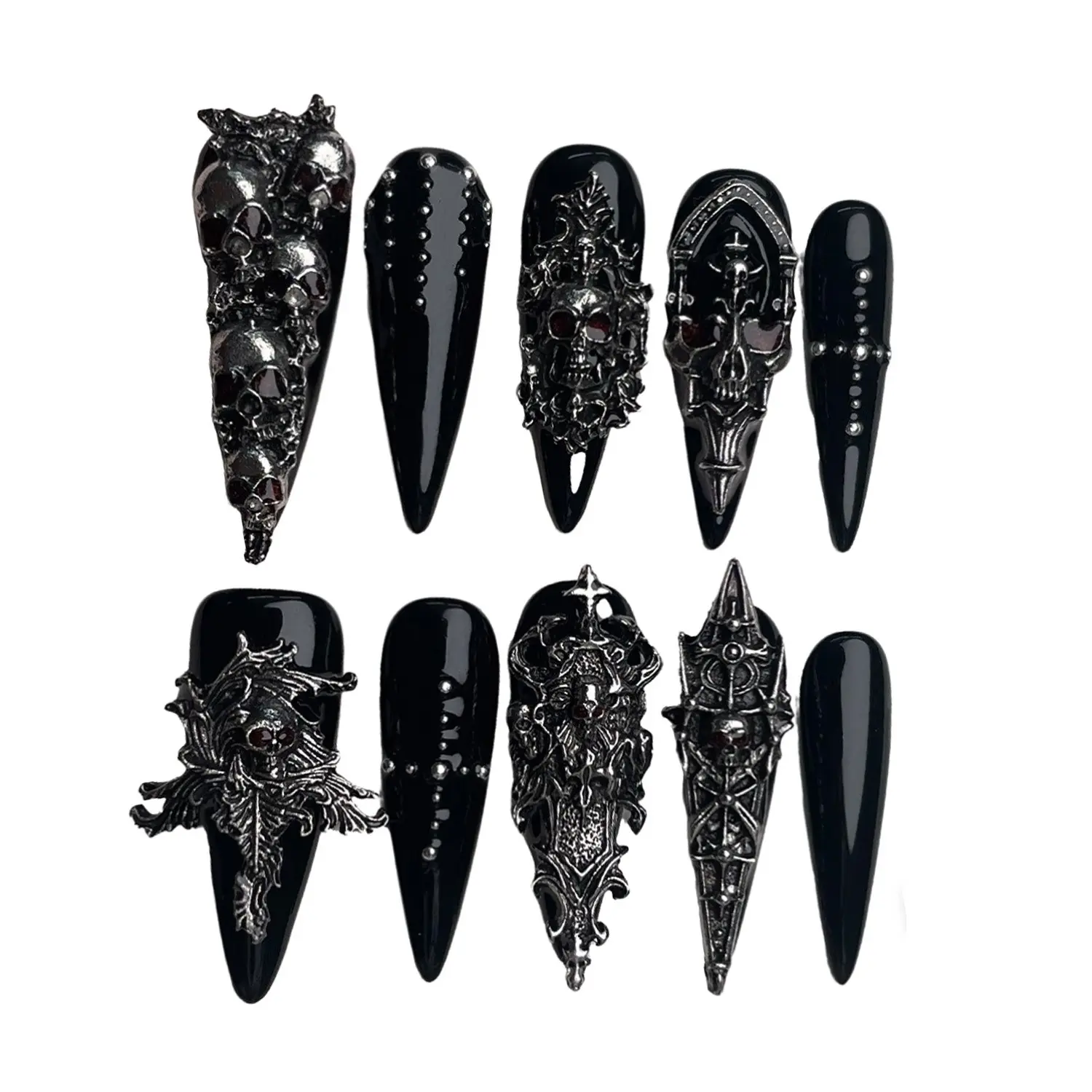 10pcs Handmade 3D Silver Skull Press-On Nails, Halloween Witch Armor Gothic Fake Nails, Sharp Long Stiletto Design, Removable, Includes Nail File, Acrylic Stick & Self-Adhesive Jelly Tabs, Nail Art
