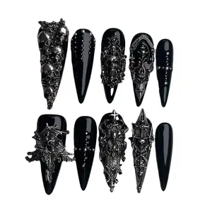 10pcs Handmade 3D Silver Skull Press On Nails, Halloween Witch Armor Gothic Fake Nails, Sharp Long Stiletto Design, Removable, Includes Nail File, Acrylic Stick & Jelly Self Adhesive, Nail Art