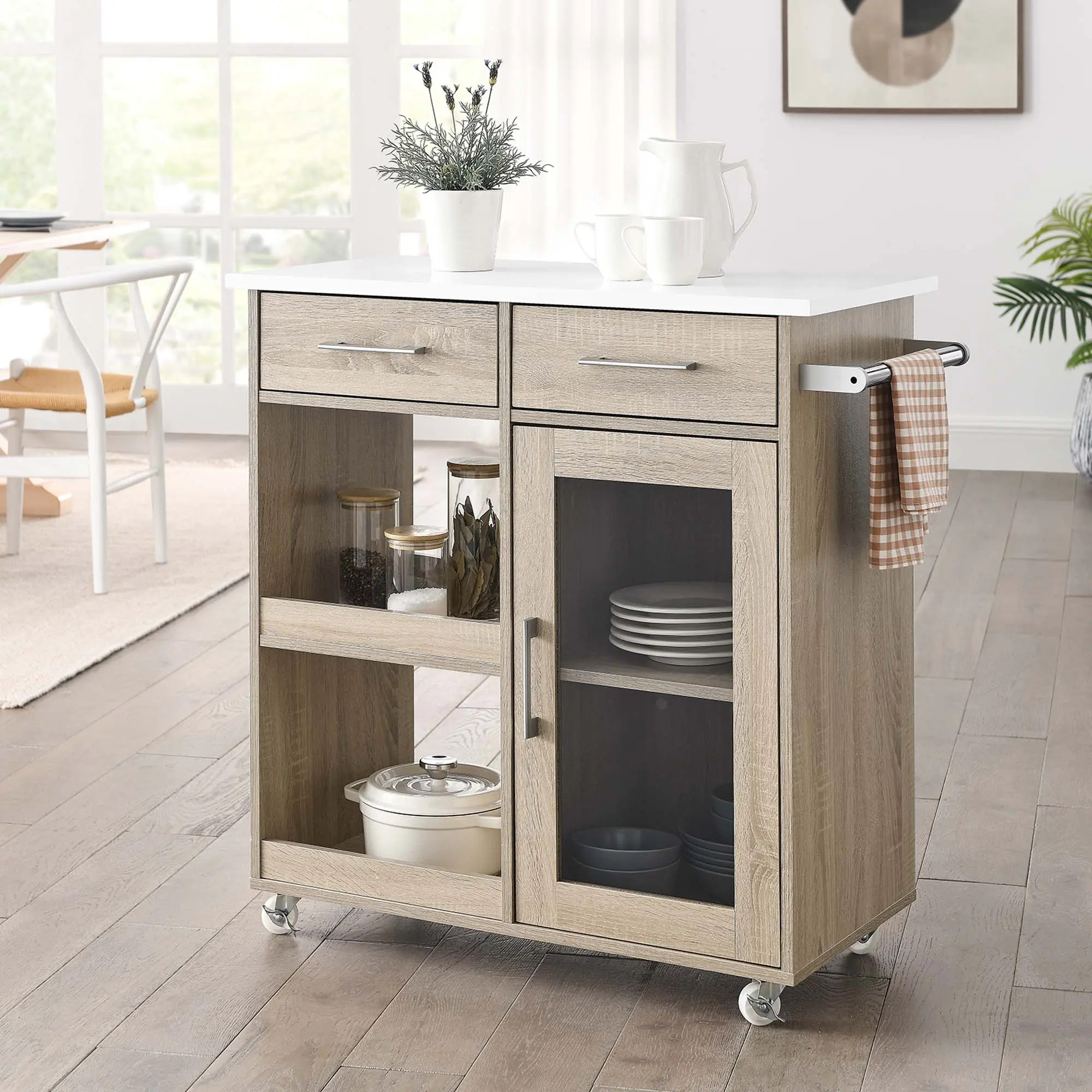 Modway Culinary Kitchen Cart, Oak White Indoor Furniture with Towel Bar, Multi-Functional Coffee Bar Station Shelves & Racks