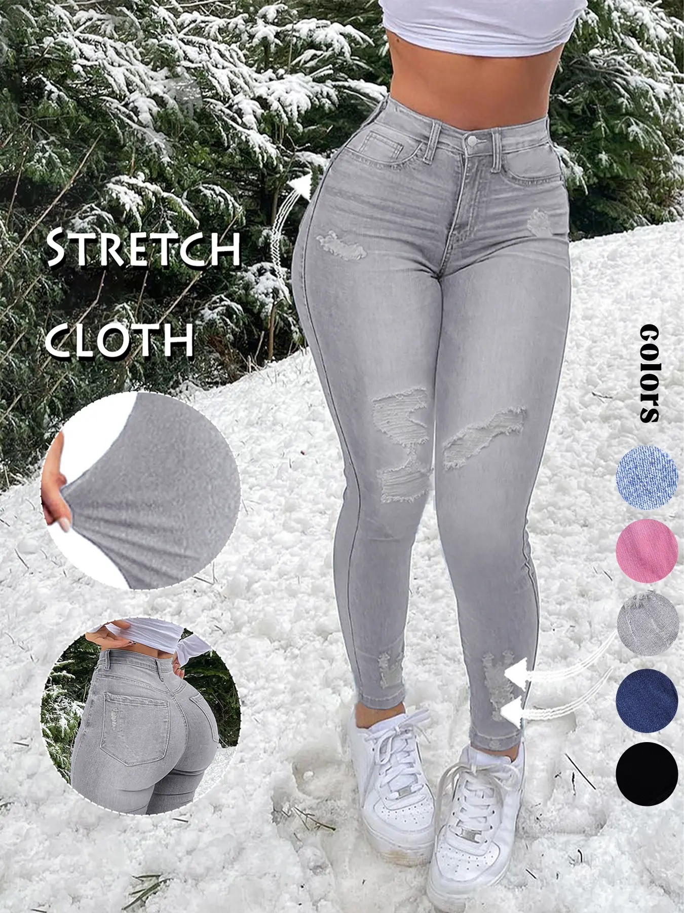 Women's Ripped Stretch Skinny Slim Fit Jeans, Mid-Waist Washed Fitted Stretch Denim Button Jeans, Comfortable Fashion Clothing, Casual Streetwear Style for Daily Wear Pants Distressed Skinny Jeans