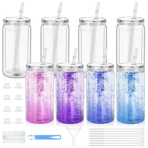 HILAKE 8pcs 16oz Double-Wall Clear Cups with Lids, Straws, Funnels & Cleaning Brushes. Easy to clean, perfect for office, fitness & graduation parties, essential drinkware for Thanksgiving, Christmas, Valentine's Day & back-to-school season. tumbler
