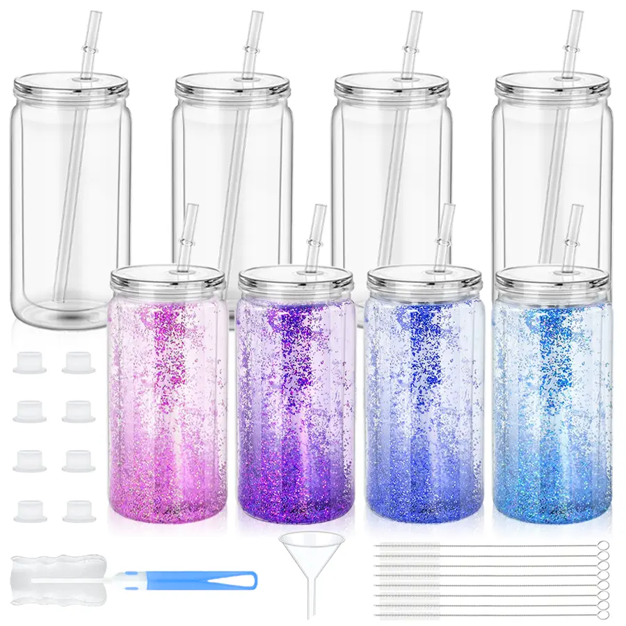HILAKE 8pcs 16oz Double-Wall Clear Cups with Lids, Straws, Funnels & Cleaning Brushes. Easy to clean, perfect for office, fitness & graduation parties, essential drinkware for Thanksgiving, Christmas, Valentine's Day & back-to-school season. tumbler