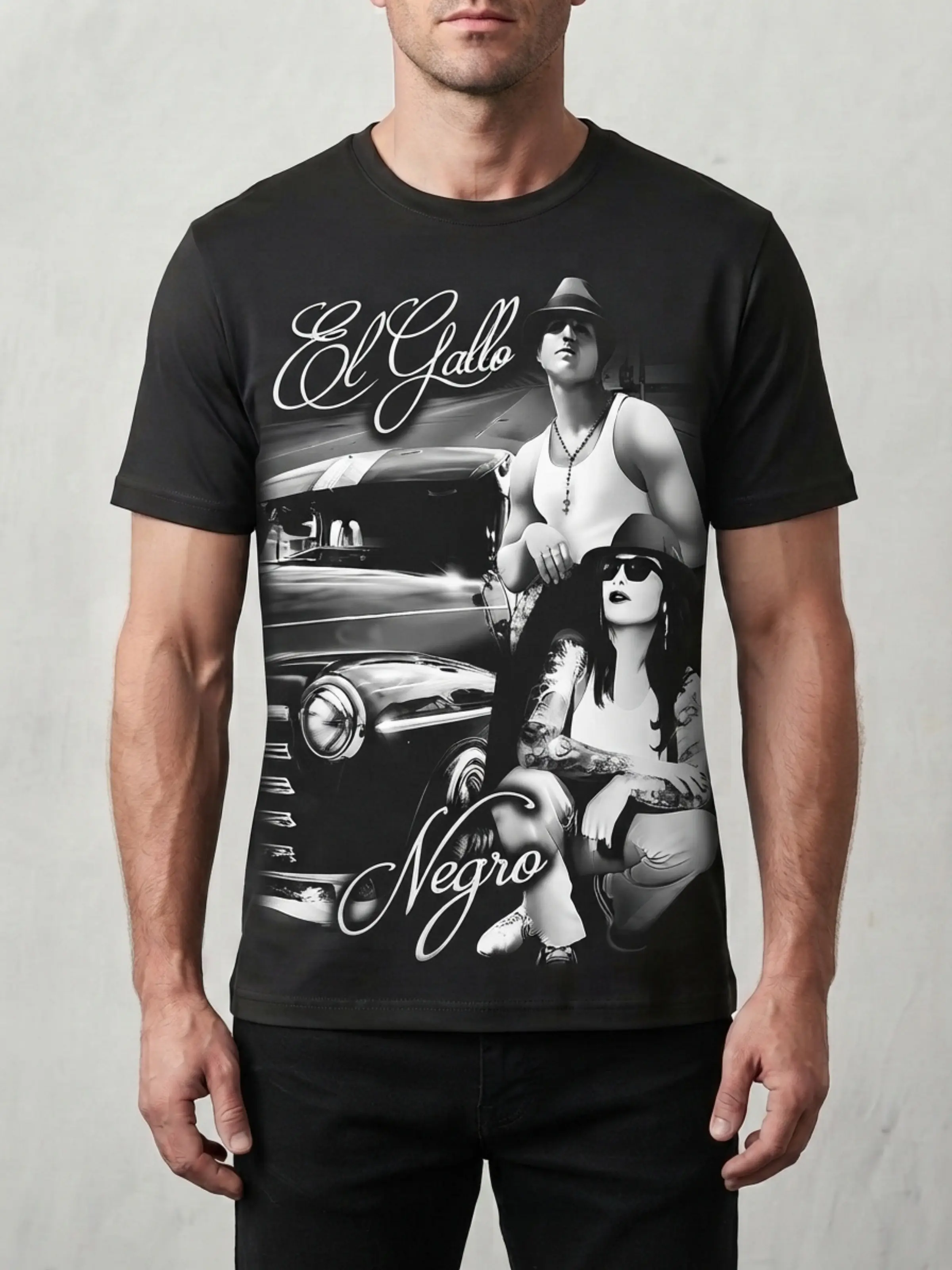 Men's Retro Chicano Culture Round Neck T-Shirt - El Gallo Negro Digital Print Graphic, Heavyweight 100% Cotton, Fitted Cut