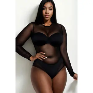 Plus Size Sexy Sheer Mesh Long Sleeve Bodysuit
