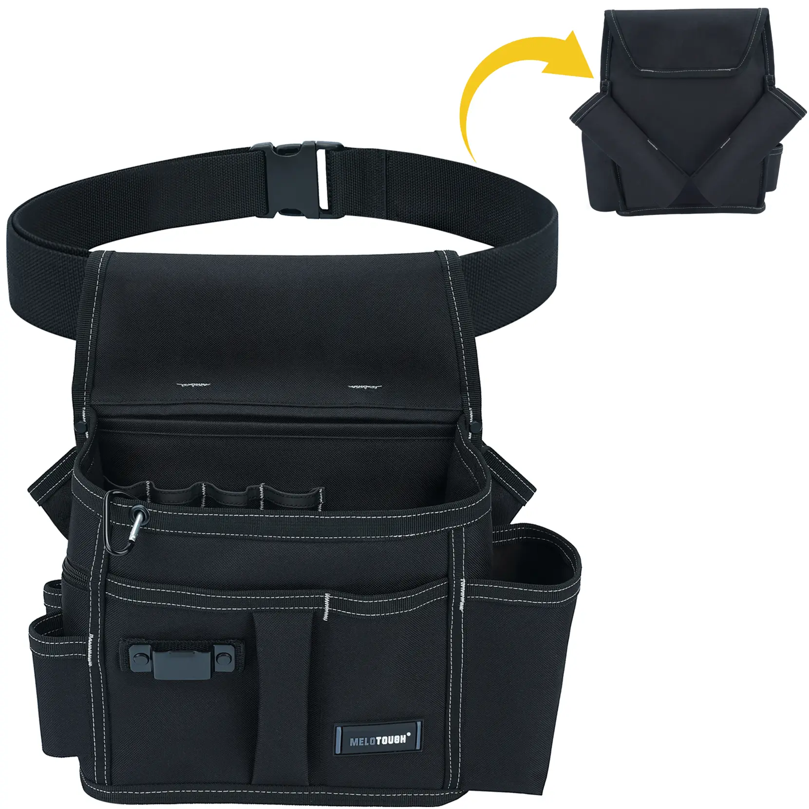 MELOTOUGH 14-Pocket Electrician Tool Storage Bag with Left-Right Hammer Holders, 2" Adjustable Heavy-Duty Work Belt, Quick Release, Rugged Black Canvas Organizer for Construction Jobs Accessories