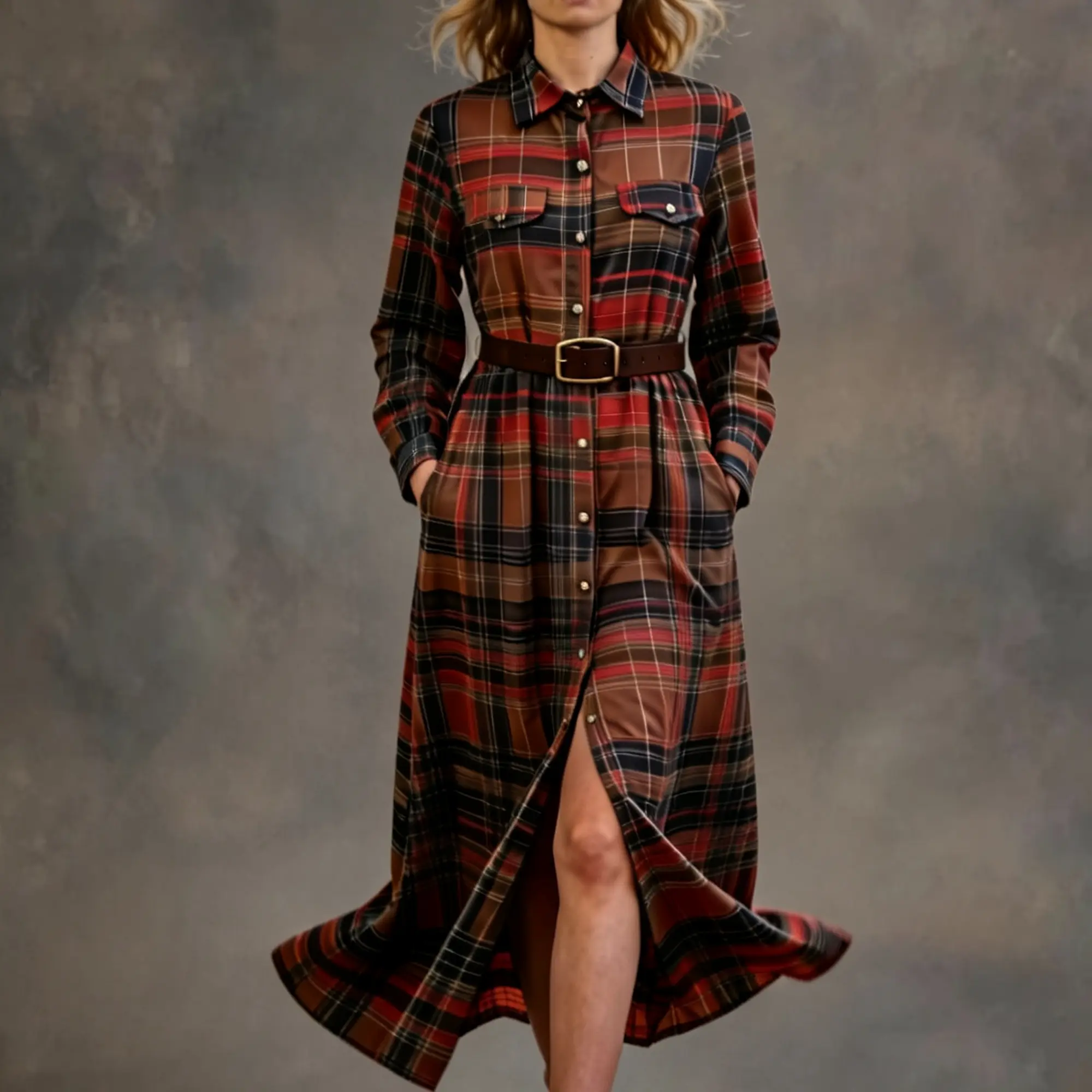 Women Vintage Plaid Maxi Dress Long Sleeve Lapel Collar Belted Irregular Hem Flowy Long Dress With Pockets Women Vintage Plaid Maxi Dress Long Sleeve Lapel Collar Belted Irregular Hem Flowy Long Dress With Pockets
