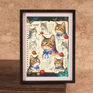 Mini Cat Sketch Frame Refrigerator Magnet Set, Vintage Watercolor Style, Multiple Cats Wearing Blue Bowties, Home Decor Gift