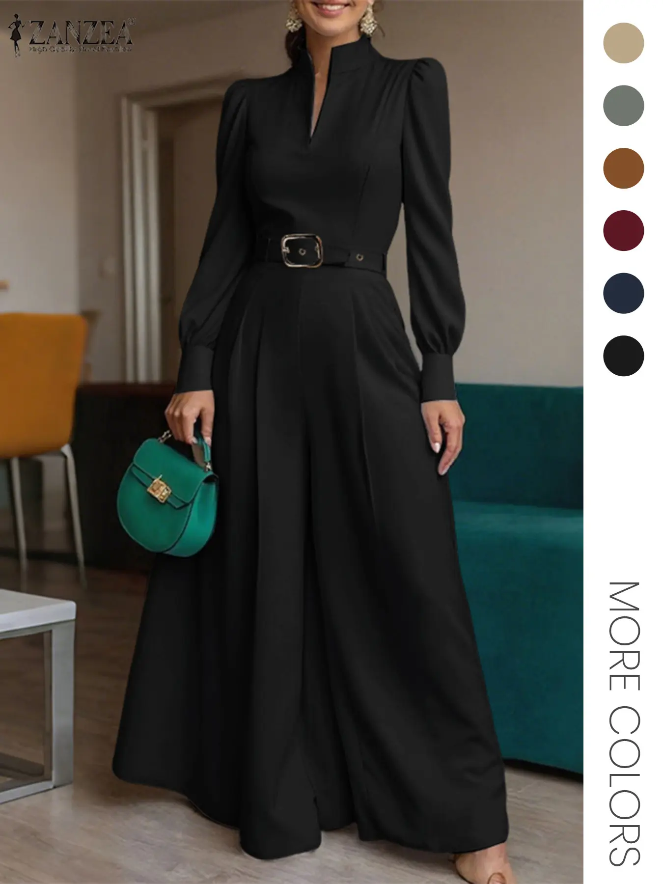 Women's European Style Minimalist Chic Elegant Commuter Mock Neck V-Neck Long Sleeve Woven Fabric Fit Wide Leg Jumpsuit, No Pocket Design, Perfect for Office Wear