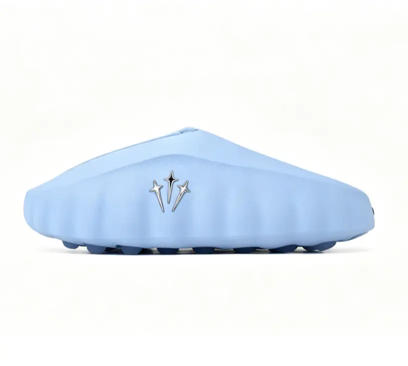 fresh light sky blue thick sole massage mule slides breathable fabric upper matching color spherical anti slip outsole pre sports foot relief casual recovery sandals