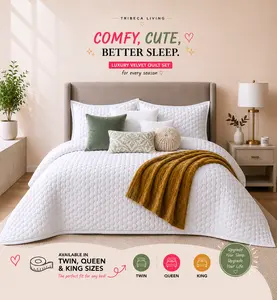 Tribeca Living Lugano Honeycomb Velvet Oversized Quilt Set, Soft Plush Velvet Quilt, Modern Cozy Bedroom Upgrade, Luxury Bedding for All-season comfort